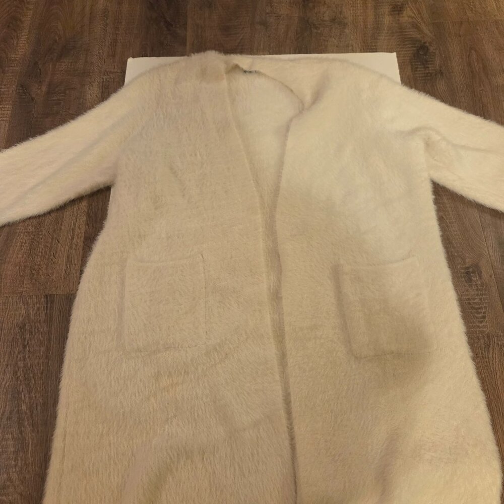 Limted White Fuzzy Open Front Cardigan with Pockets  - Measures 42 inches length
